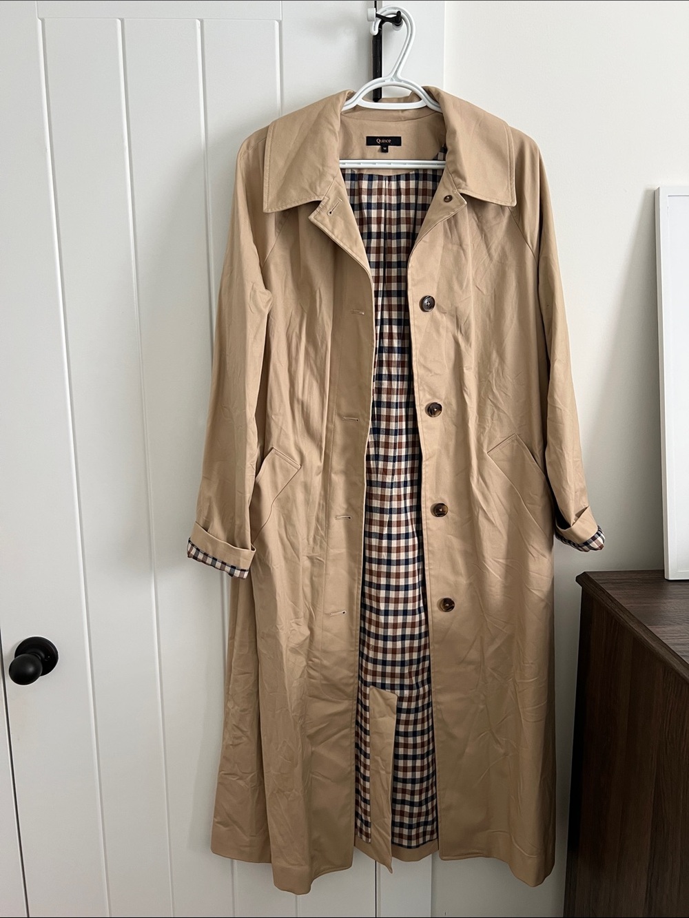 Quince Beige Women's stretch Trench Coat with Plaid Lining